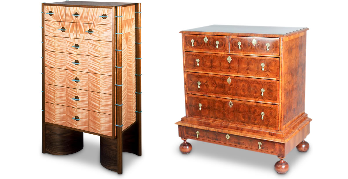 Left: Robert Ingham chest of drawers. Right: William & Mary chest in walnut with laburnum oyster veneers.