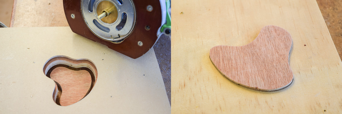 Left: second pass; 6mm cutter and 12mm bush. Right: mahogany ply blank fits hole