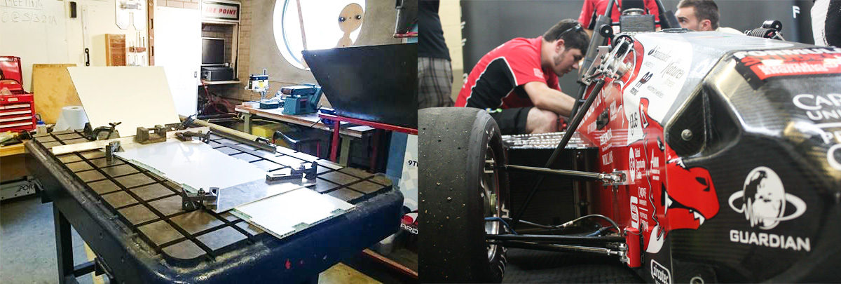 Left: chassis construction. Right: working on the car.