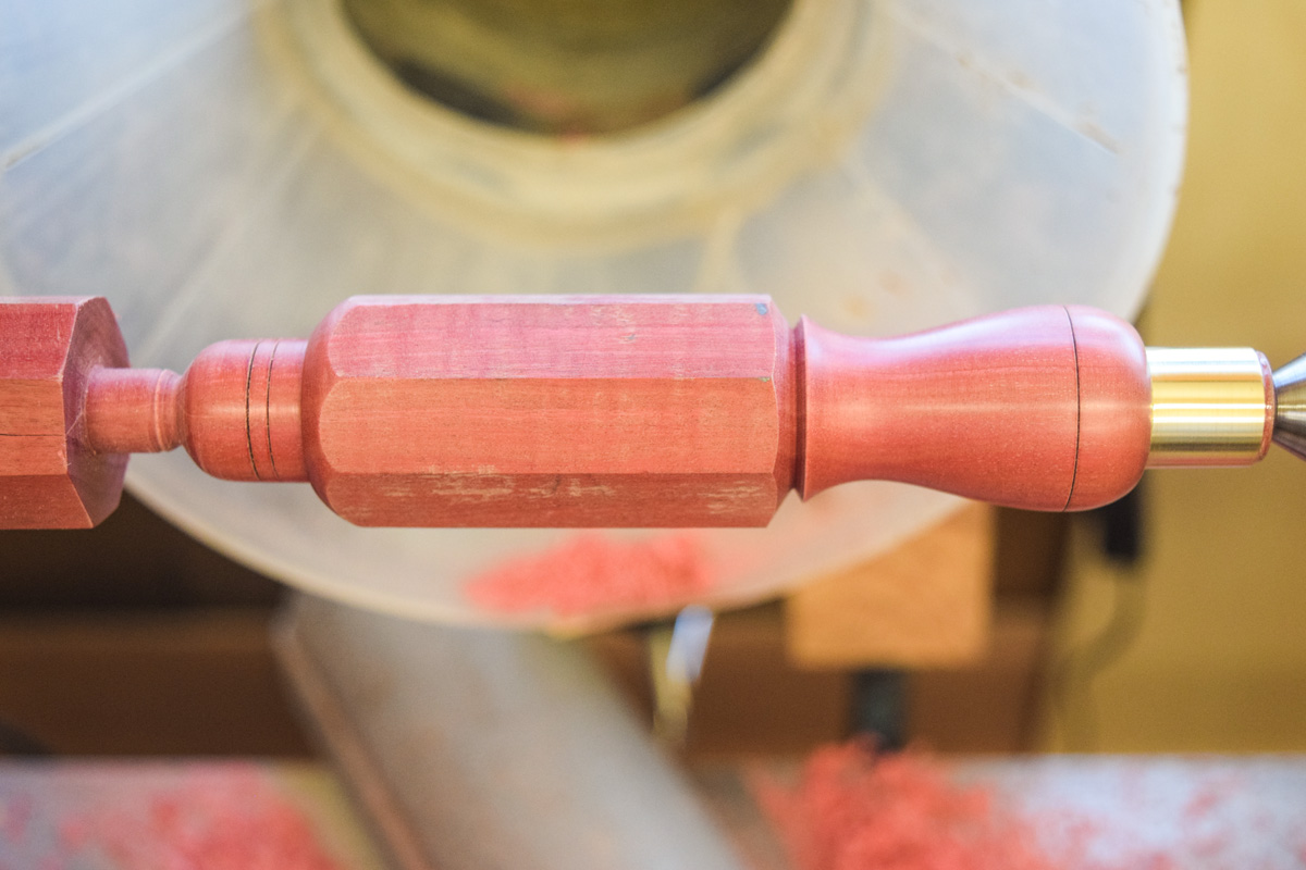 Completed handle on the lathe