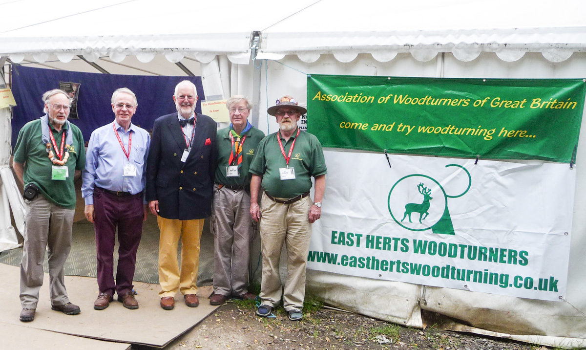 L to R: John Leach (co -organiser of woodturning at Gilwell 24), Peter Gibson (a past Master and Chairman of the WCT Craft Committee), Nicholas Somers (Master of the Worshipful Company of Turners), Dennis Day ( Chairman of East Herts Woodturning Association) and Mike Rothwell (co -organiser of woodturning at Gilwell 24)